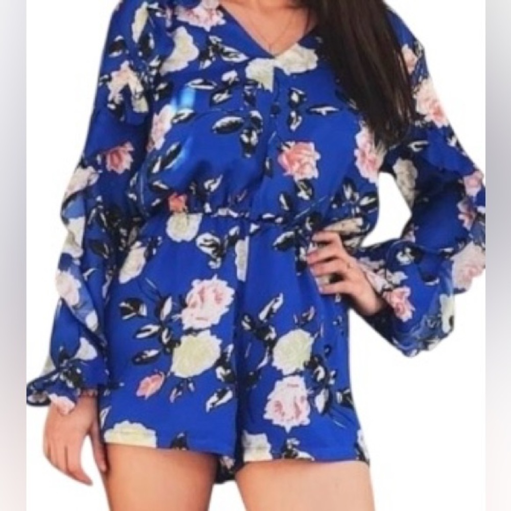 KARINA GRIMALDI-BLUE FLIRAL ROMPER-SIZE LARGE